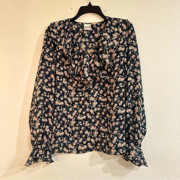 Vintage Floral Print Blouse with Ruffle Cascade Collar, Ruffle Sleeves, Large - Picture 1 of 8